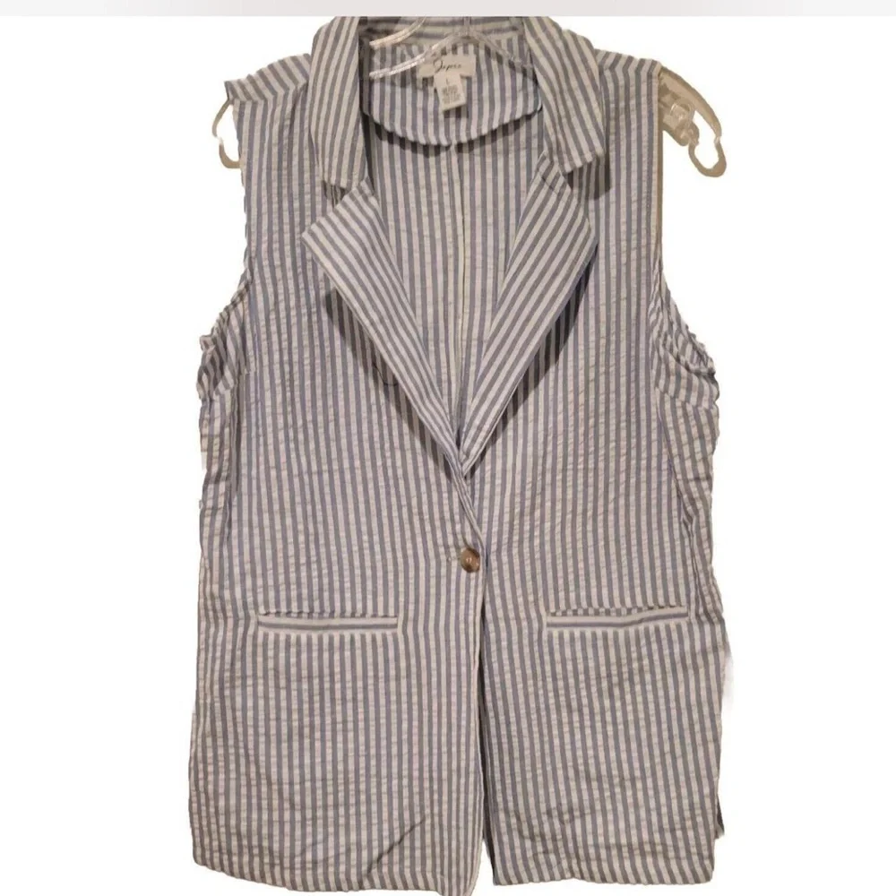 Light Blue Seersucker Striped Vest, L - Picture 6 of 7